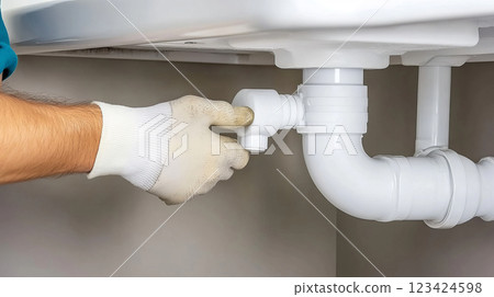 Skilled Handyman Fixing a Leaking Pipe Under the Kitchen Sink with Careful Attention 123424598