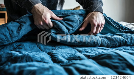 Person Tidying and Smoothing Out a Soft Blue Bedspread in a Cozy Bedroom Environment 123424604