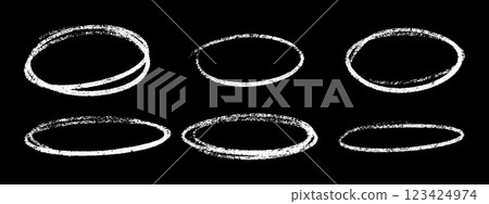 Crayon highlight chalk oval set with white textured strokes on black background. Hand drawn circular shapes and rough frames for emphasis. Grunge artistic elements with uneven edges. Crayon highlight chalk oval set with white textured strokes on black background. Hand drawn circular shapes and rough frames for emphasis. Grunge artistic elements with uneven edges. 123424974