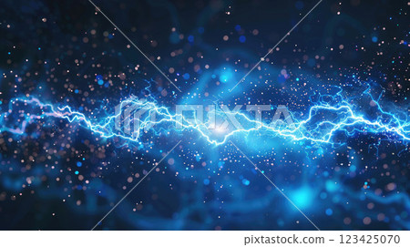 Futuristic electricity concept: glowing blue lightning connecting two wires, creating the effect of sparkling energy.  123425070
