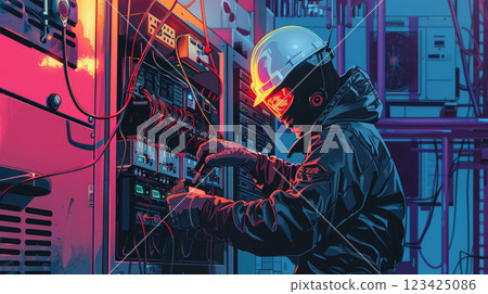 Professional electrician in protective helmet and gloves checking electrical panel with multimeter 123425086