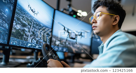Man using remote control to operate drone on multiple screens 123425166