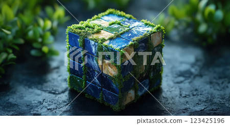 cube with Earth surface and greenery on dark background 123425196
