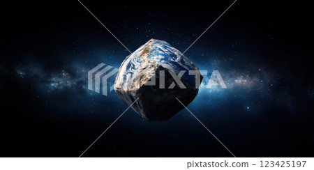 Cube shaped Earth floating in space with starry background 123425197