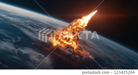 Fiery meteor falling towards Earth with dramatic impact 123425204