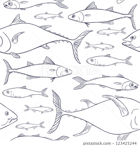 Variety sea fish black white vector seamless pattern. Sardine, anchovy outline hand drawn. Herring, mackerel drawing on repeat background. School of fishes graphic linear style for prints, paper. 123425244