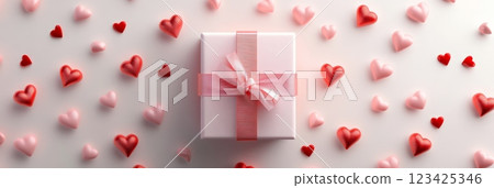 Romantic pink gift box adorned with a matching ribbon, surrounded by small red and pink hearts on a white background, ideal for valentine's day or special occasions 123425346