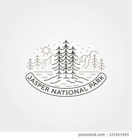 jasper national park with pines logo vector symbol illustration design, exotic mountain outdoor line art logo design jasper national park with pines logo vector symbol illustration design, exotic mountain outdoor line art logo design 123425483