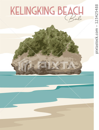 kelingking beach vintage poster illustration design, nusa penida in bali travel poster design 123425488