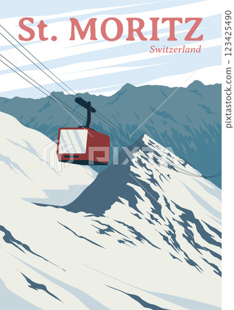 red ski cable car in st. moritz poster design, vintage poster switzerland national park vector design red ski cable car in st. moritz poster design, vintage poster switzerland national park vector design 123425490