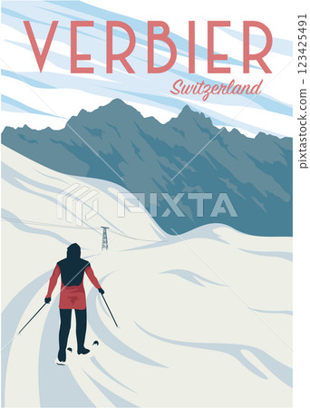skiing with amazing view in verbier poster vintage illustration design, switzerland national park poster skiing with amazing view in verbier poster vintage illustration design, switzerland national park poster 123425491