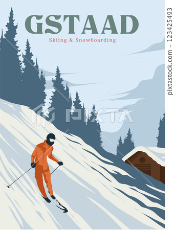 man skiing in gstaad poster vintage illustration design, ski slope ins switzerland poster design man skiing in gstaad poster vintage illustration design, ski slope ins switzerland poster design 123425493
