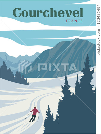 courchevel vintage travel poster with man skiing vector illustration design, france travel poster design 123425494