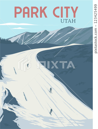 park city mountain ski vintage poster illustration design, downhill skiers in utah 123425499