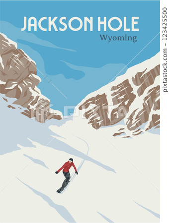 jackson hole wyoming travel poster design, snowboarding running down the slope in wyoming , usa jackson hole wyoming travel poster design, snowboarding running down the slope in wyoming , usa 123425500