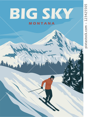 big sky resort montana vintage poster illustration design, ski poster background design 123425505