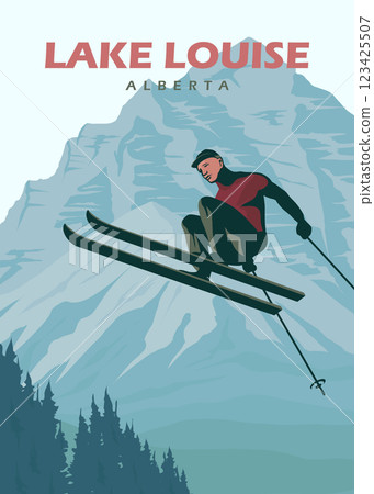jumping skiers illustration poster design, lake louise vintage poster design jumping skiers illustration poster design, lake louise vintage poster design 123425507