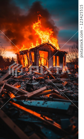Flames engulfing a house at dusk, illuminating the sky with an eerie glow while debris littering the foreground heightens the sense of destruction and profound loss 123425515