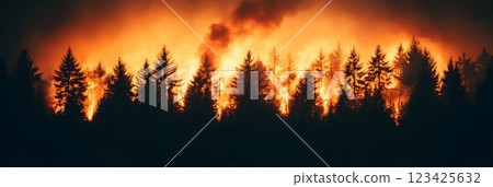 Huge flames and thick smoke rising above the silhouette of coniferous trees during a devastating night forest fire, creating a dramatic and apocalyptic scene 123425632