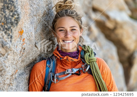 Determined woman with climbing rope ready to conquer rock wall 123425695