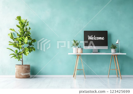 Clean and minimalist workspace with welcoming computer display in bright setting 123425699