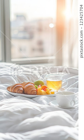 Tray with fresh croissants, fruits and tea is served on white bed linen in hotel room, sunlight is coming from window creating cozy relaxing atmosphere 123425704