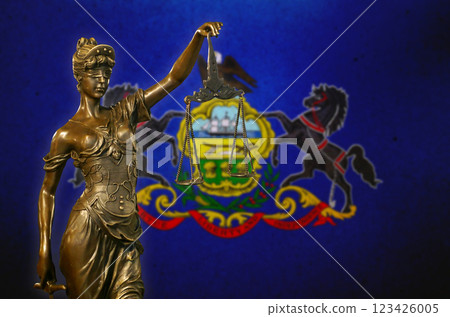 Lady Justice before a flag of Pennsylvania 123426005