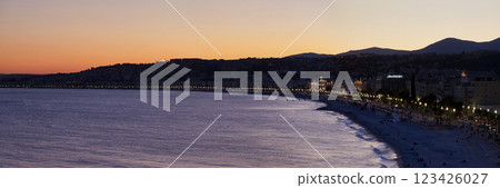 Aerial view at sunset of the Promenade des Anglais in Nice Aerial view at sunset of the Promenade des Anglais in Nice 123426027
