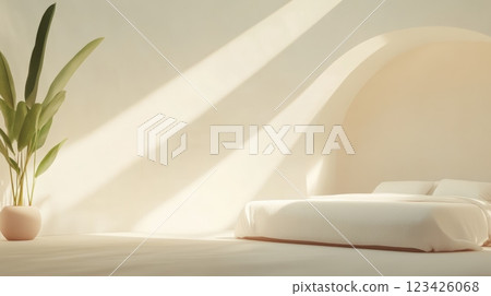 Warm sunlight streams into a minimalist hotel room, illuminating a comfortable bed and a potted plant, creating a serene and inviting atmosphere for a relaxing holiday Warm sunlight streams into a minimalist hotel room, illuminating a comfortable bed and a potted plant, creating a serene and inviting atmosphere for a relaxing holiday 123426068