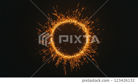 Bright sparks forming a fiery circle on a dark background, creating a dramatic and vibrant visual effect, perfect for representing concepts related to energy, power, and celebration 123426132