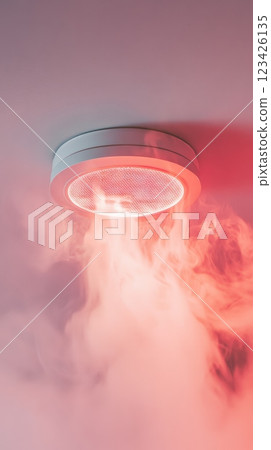Smoke detector mounted on the ceiling, actively sensing smoke and triggering a red alarm during a house fire, highlighting the importance of safety and prevention measures in homes 123426135