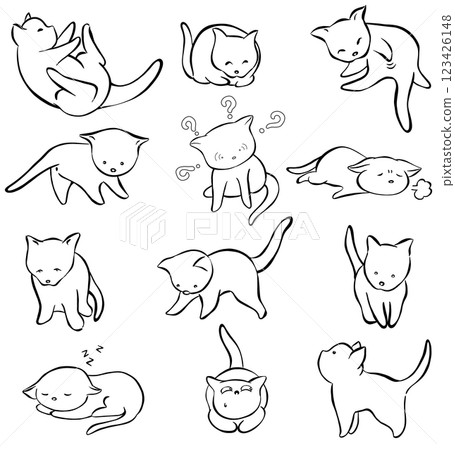 A dozen characters of cute cat cartoon line drawings A dozen characters of cute cat cartoon line drawings 123426148