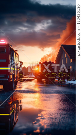 Firefighters are working together to extinguish a house fire at sunset, with fire trucks parked on a wet street reflecting the dramatic sky and the scene Firefighters are working together to extinguish a house fire at sunset, with fire trucks parked on a wet street reflecting the dramatic sky and the scene 123426150