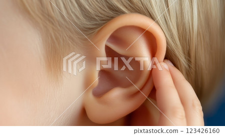 Close up of a child's ear being touched by their fingers, possibly indicating hearing problems, ear infection, or discomfort, emphasizing the importance of pediatric auditory health 123426160