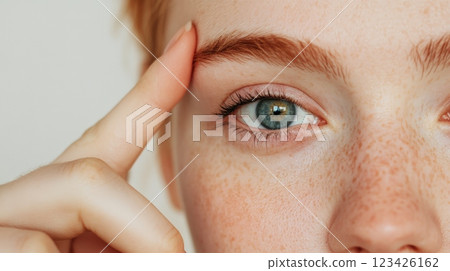 Close up of a young woman with freckles touching her eyebrow, highlighting her captivating green eye with long eyelashes, showcasing natural beauty and skincare Close up of a young woman with freckles touching her eyebrow, highlighting her captivating green eye with long eyelashes, showcasing natural beauty and skincare 123426162