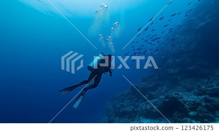 Scuba diver explores the deep blue ocean, swimming alongside a school of fish near a vibrant coral reef, creating a serene and captivating underwater scene 123426175