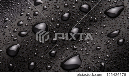 Sparkling water droplets beading on a textured black waterproof fabric, showcasing its hydrophobic properties and creating a visually appealing pattern 123426376