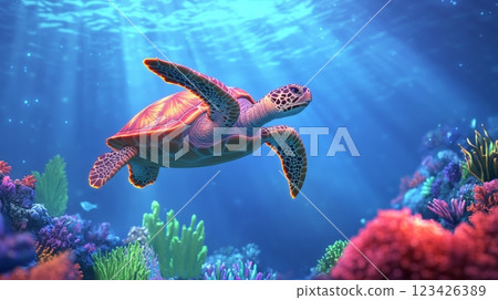 Sunbeams filtering through crystal clear ocean water illuminate a vibrant coral reef as a majestic sea turtle gracefully glides above, showcasing the beauty and tranquility of underwater life Sunbeams filtering through crystal clear ocean water illuminate a vibrant coral reef as a majestic sea turtle gracefully glides above, showcasing the beauty and tranquility of underwater life 123426389