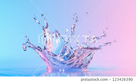 Crown shaped water splash is creating beautiful droplets and ripples on a surface with a vibrant pink and blue gradient background, offering a refreshing and artistic visual Crown shaped water splash is creating beautiful droplets and ripples on a surface with a vibrant pink and blue gradient background, offering a refreshing and artistic visual 123426390
