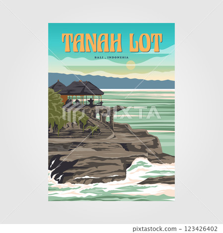 tanah lot bali travel poster vintage illustration design, tanah lot temple with sunset view design 123426402