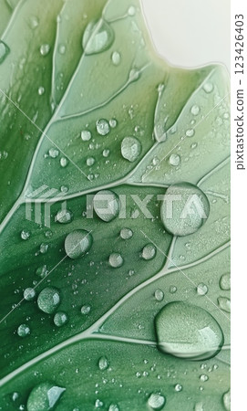 Sparkling water droplets rest on the vibrant green surface of a leaf, creating a captivating close up of nature's delicate beauty after a refreshing rain 123426403