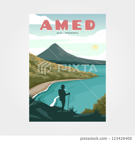 amed beach bali travel vintage poster illustration design, sea view landscape background design 123426408