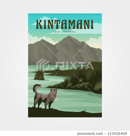 kintamani village bali travel poster vintage illustration design, dog and outdoor view poster design 123426409