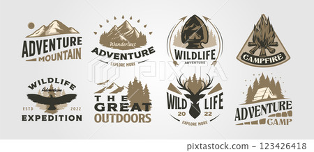 set of outdoor logo vector illustration design, adventure camp wild life collection design, vintage bundle label design set of outdoor logo vector illustration design, adventure camp wild life collection design, vintage bundle label design 123426418