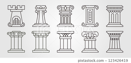 set of pillar line art vector illustration design, ancient greek or roman architecture building symbol, abstract pillar vector design. 123426419