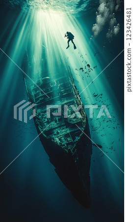 Sunbeams illuminate a scuba diver exploring a decaying shipwreck teeming with fish in the deep ocean, creating a captivating underwater scene 123426481
