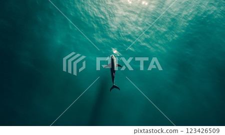 Great white shark gliding through the deep blue ocean, surrounded by rippling water. Sun rays streaming down, illuminating the mysterious underwater world filled with life 123426509