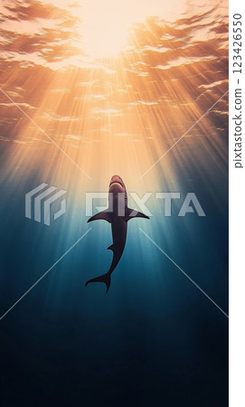 Majestic shark gliding through deep blue ocean waters, moving toward sunlight filtering through the rippling surface, creating stunning beams of light in a tranquil underwater scene 123426550
