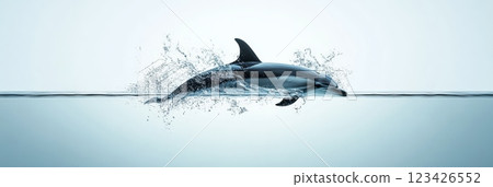 Dolphin swimming just below the water surface, creating splashes and droplets, with a clear background, conveying concepts of freedom, nature, and marine life 123426552