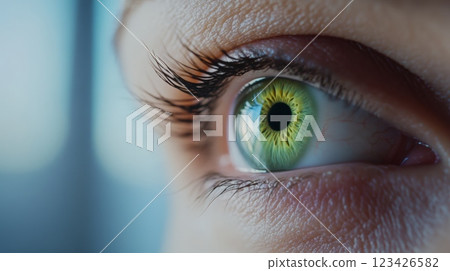Extreme close up highlighting a woman's green eye with intricate details of the iris, pupil, and eyelashes, perfect for ophthalmology and beauty projects Extreme close up highlighting a woman's green eye with intricate details of the iris, pupil, and eyelashes, perfect for ophthalmology and beauty projects 123426582